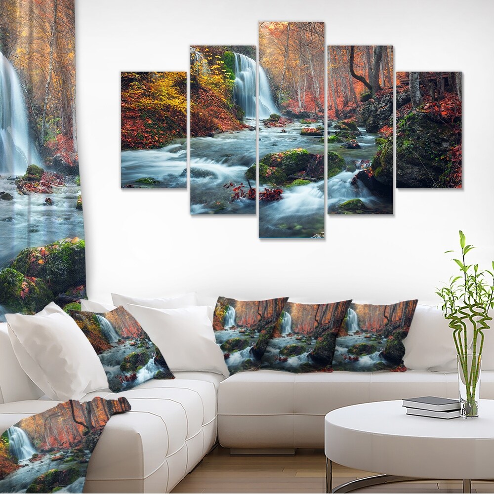 Autumn Mountain Waterfall Long View Landscape Photo Canvas Print   Orange