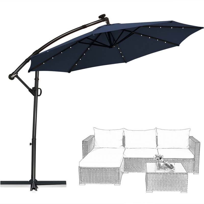 10 FT Patio Offset Umbrella with Solar Lights 360° Rotation Outdoor Market Umbrella with Crank Handle & Cross Base