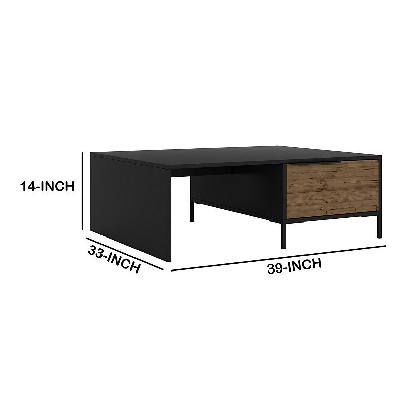 Wood and Metal Rectangular Accent Coffee Table with Drawer， Brown and Black