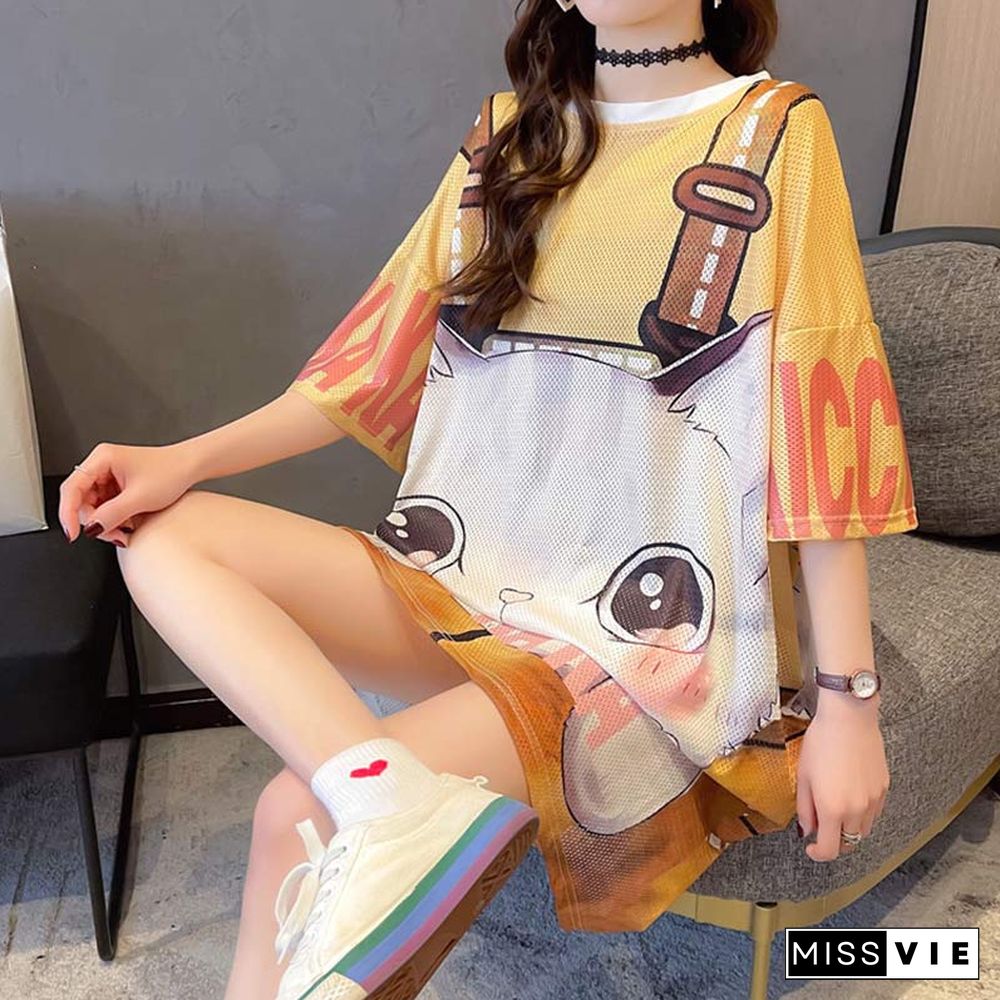 Cartoon Cat Print Loose T-Shirt