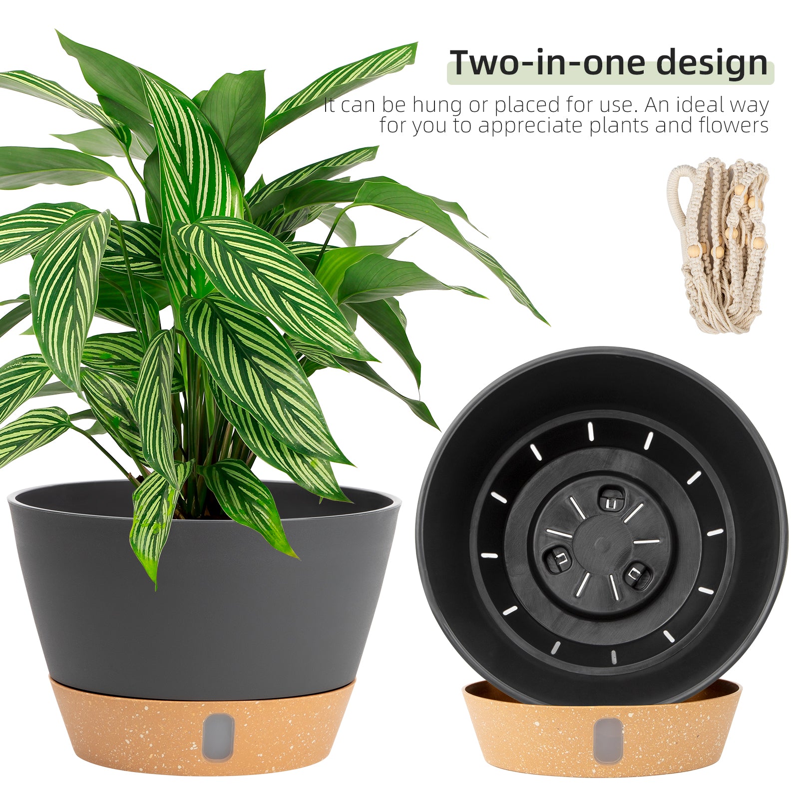 QCQHDU 2 Pack 10 inch Plastic Black Hanging Planters with 3 Hooks, Hanging Plant Pot Basket with Drainage Hole for Garden Home