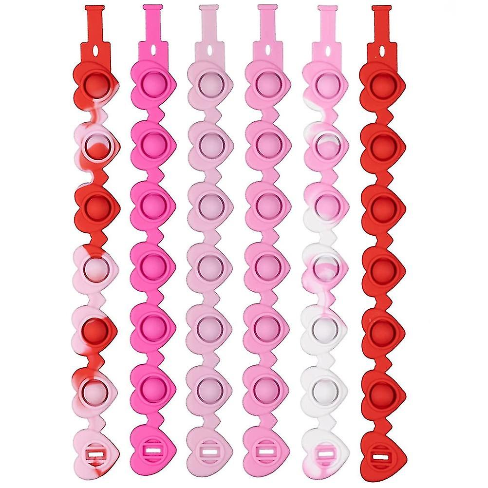 6 Pcs Red Pink Hearts Silicone Push Bubble Bracelets Toy for Kids Adults Valentines Day Gifts Decompression Toys