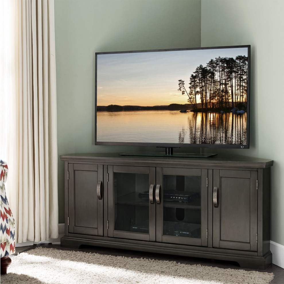 Corner TV Console  Framed Doors  Glass Doors With Pewter Pulls  Riverstone Oak   Transitional   Entertainment Centers And Tv Stands   by Declusia  Houzz