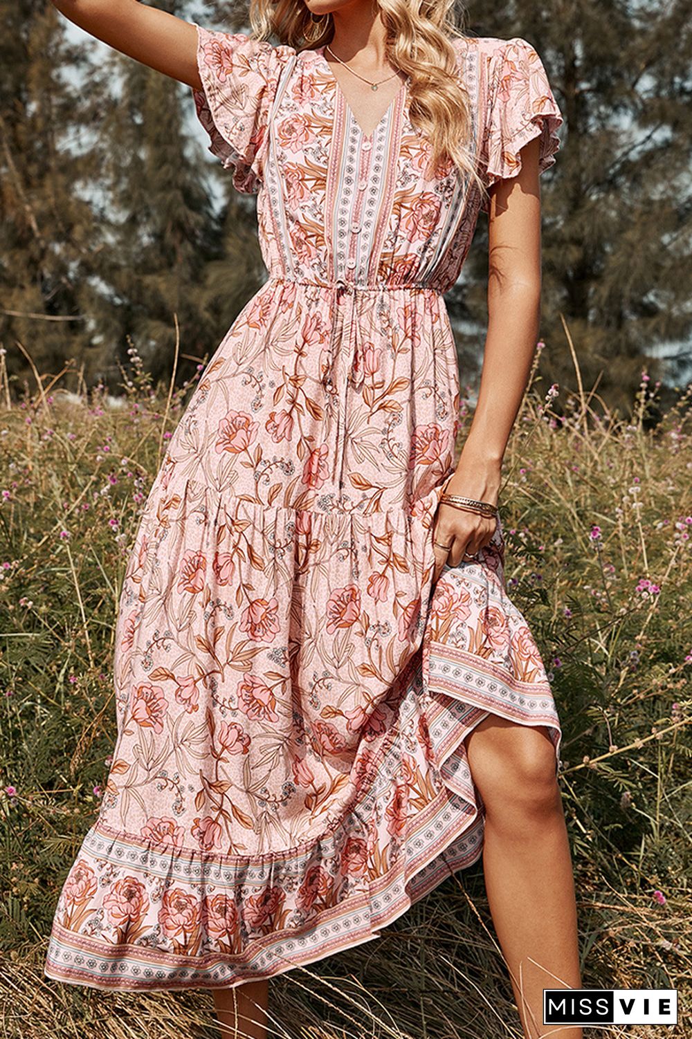 Ruffled Sleeve V Neck Maxi Floral Dress Wholesale