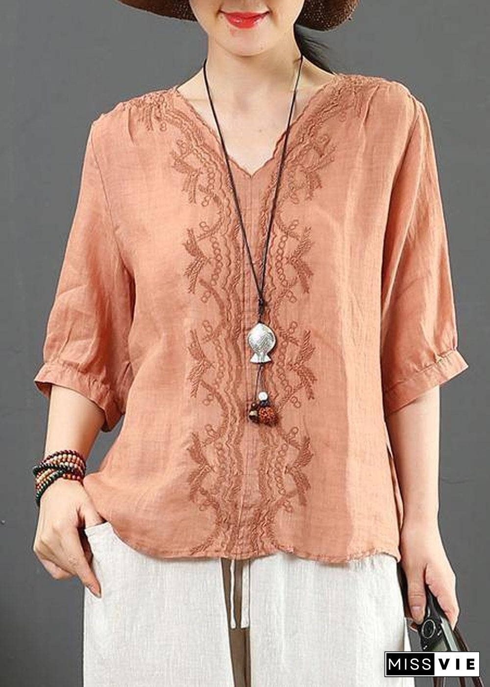 Natural v neck embroidery linen clothes For Women Sleeve orange blouses