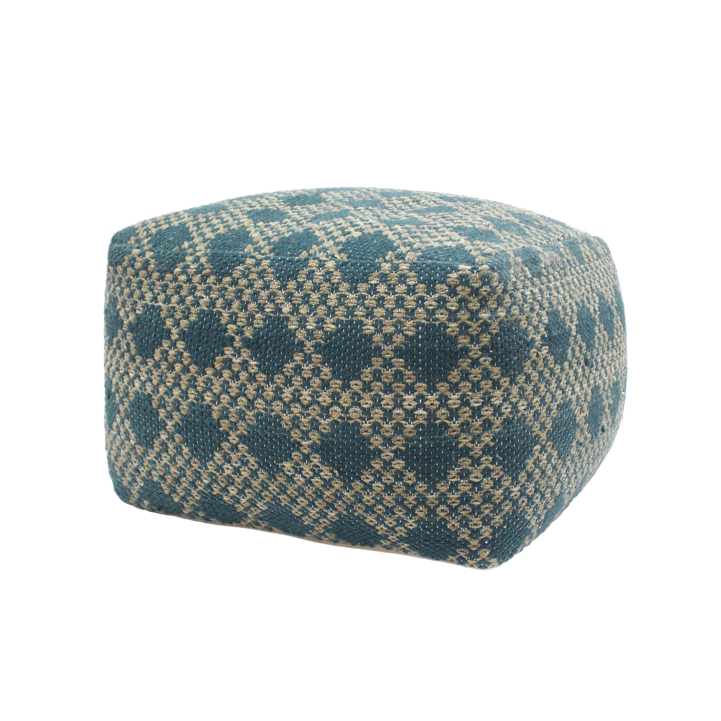 Betty Large Square Casual Pouf, Boho, Beige and Teal Yarn