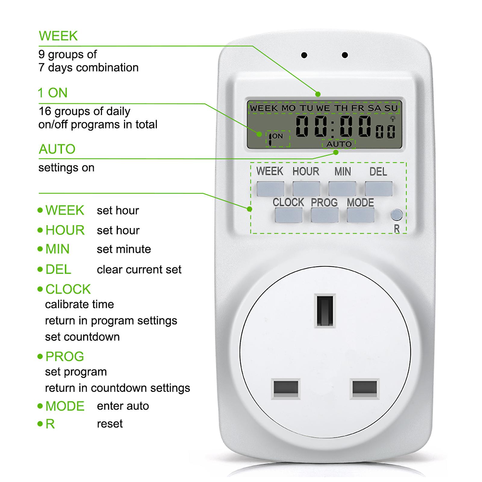 Digital Electrical UK Plug Timer Socket， 24 Hours 7 Day Weekly 16 Groups Programmable Light