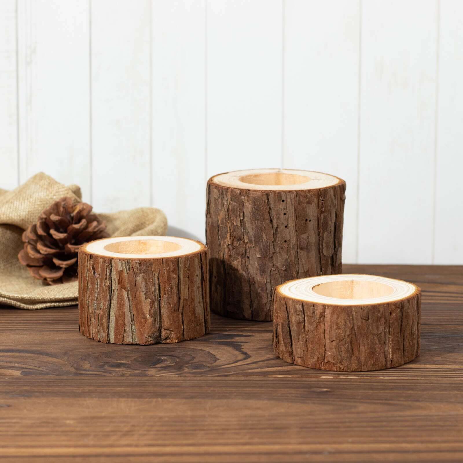 Set of 3 Assorted Farmhouse Wood Slice Votive Candle Holders, Rustic Tree Branch Wedding Table Décor 2.75