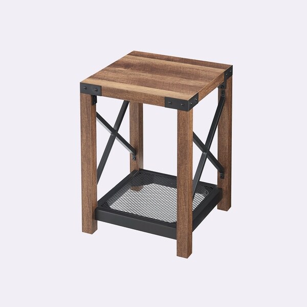 Farmhouse Wood Side Table with Mesh Shelf