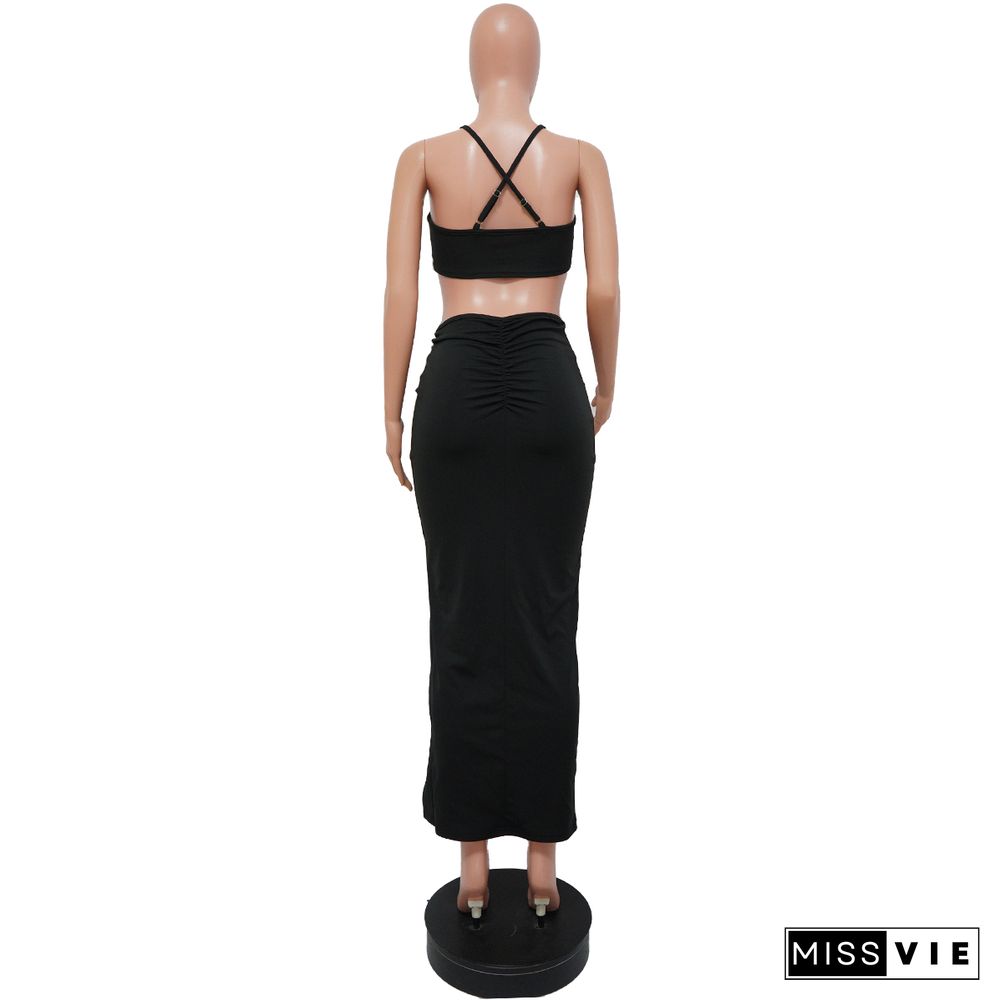 Camisole Crop Top Ruched High Split Skirt Set