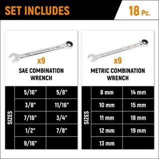 GEARWRENCH SAEMM 90-Tooth Pro Combination Ratcheting Wrench Tool Set with Tray (18-Piece) 86698