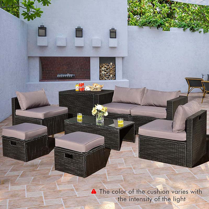 8 Pcs Rattan Wicker Outdoor Patio Furniture Sectional Sofa Set with Storage Box & Waterproof Cover