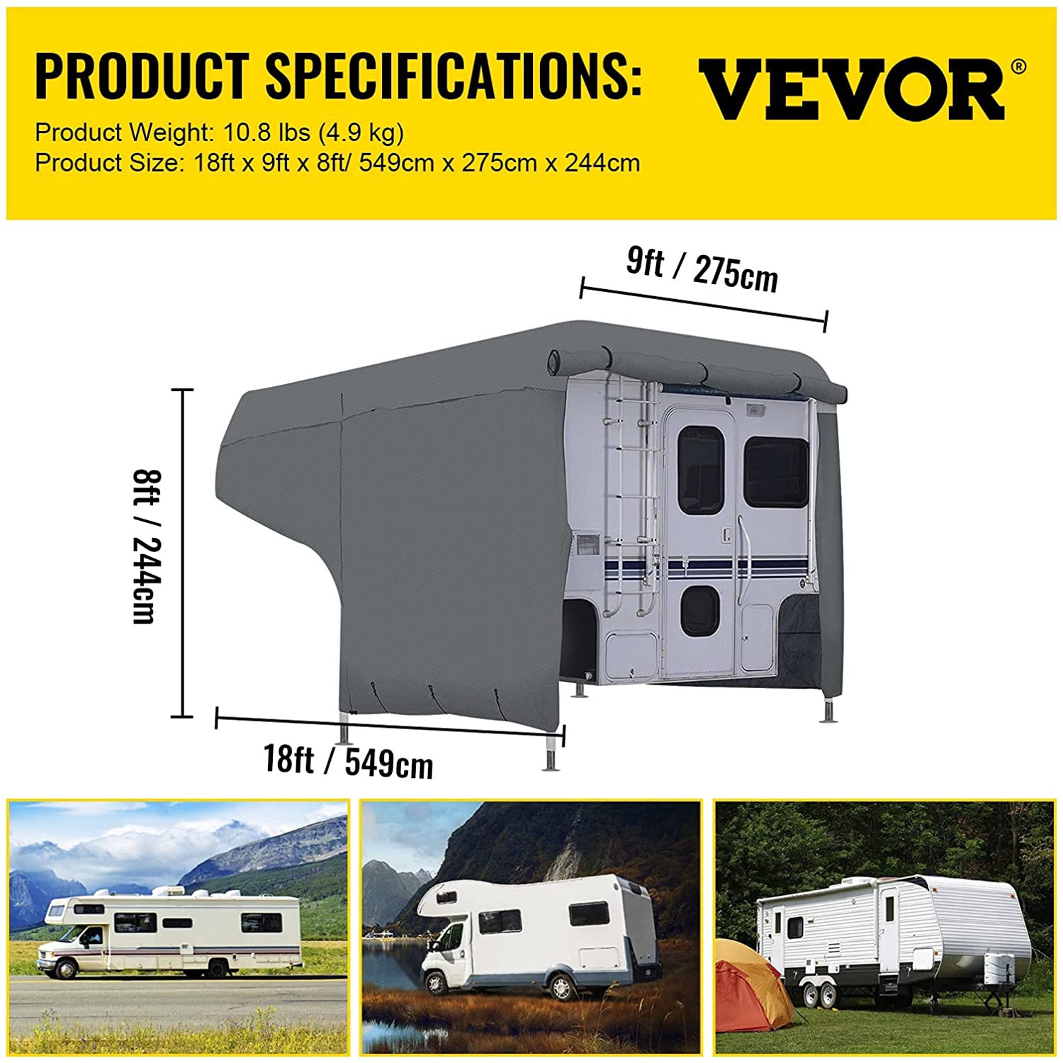 VEVOR 8'-10' Windproof RV，Trailer，Travel Trailer Cover， Extra-Thick 4 Layers Durable， Waterproof Ripstop Anti-UV for RV Motorhome with Adhesive Patch and Storage Bag