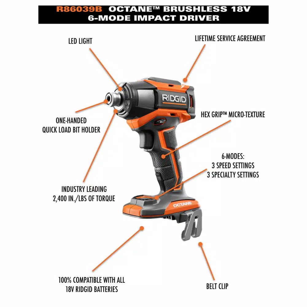 RIDGID 18-Volt OCTANE Brushless Cordless 6-Mode 1/4 in. Impact Driver (Tool Only) and#8211; XDC Depot