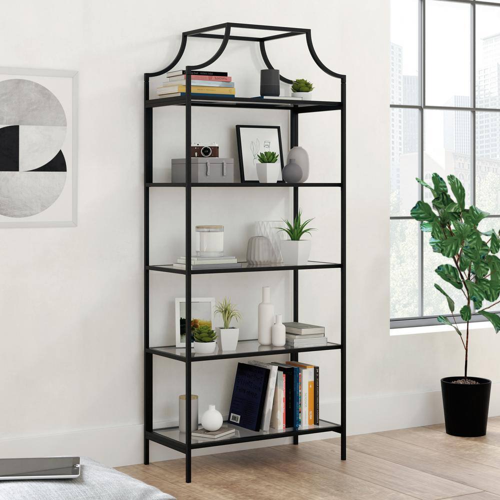 SAUDER Harvey Park 70.866 in.H Black Metal 5-Shelf Bookcase with Glass Shelves 425784