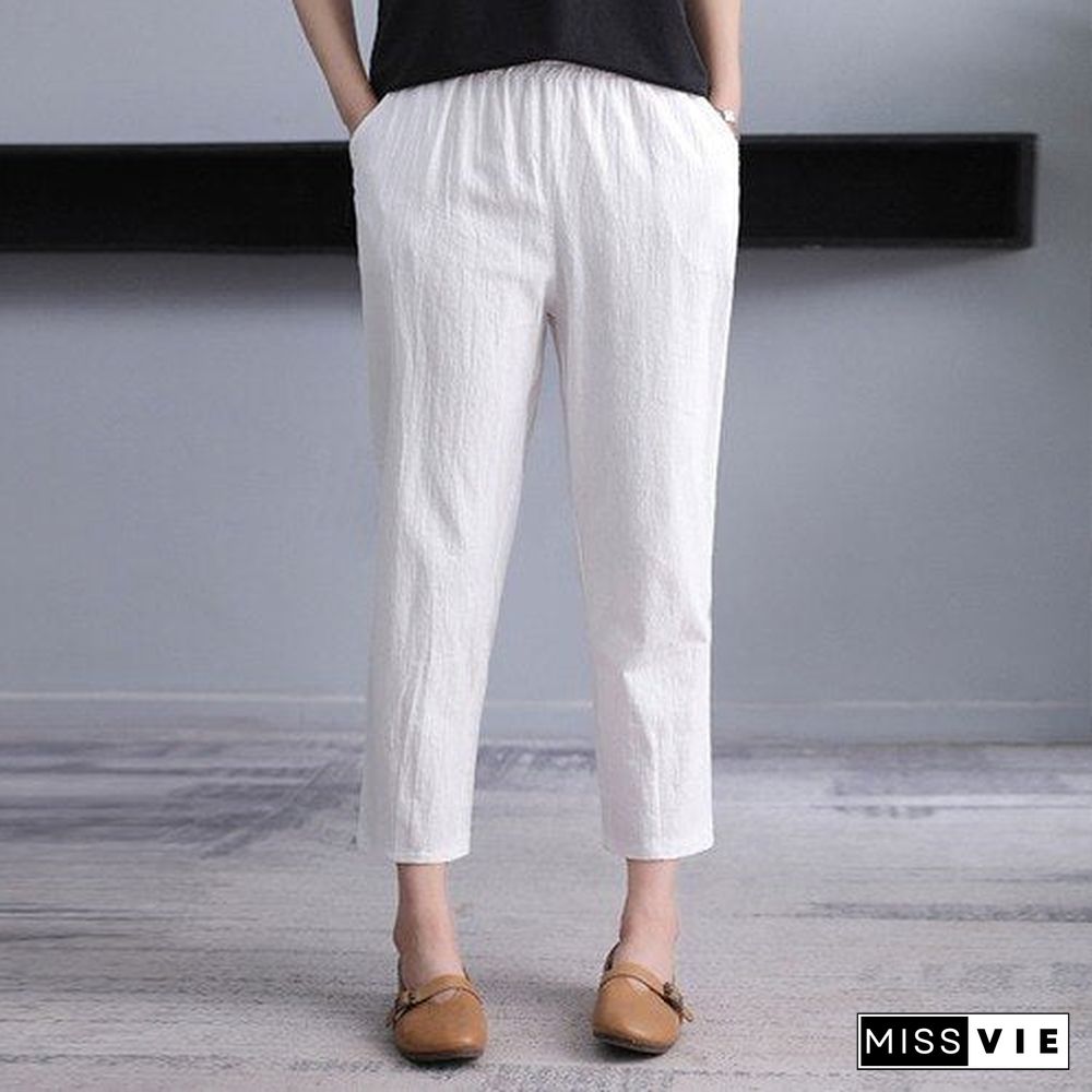 Women's Harem Pants Summer Vintage Cotton Linen Capri Pants Female Casual Loose Plus Size Ankle Length Mom Pant Woman Trousers