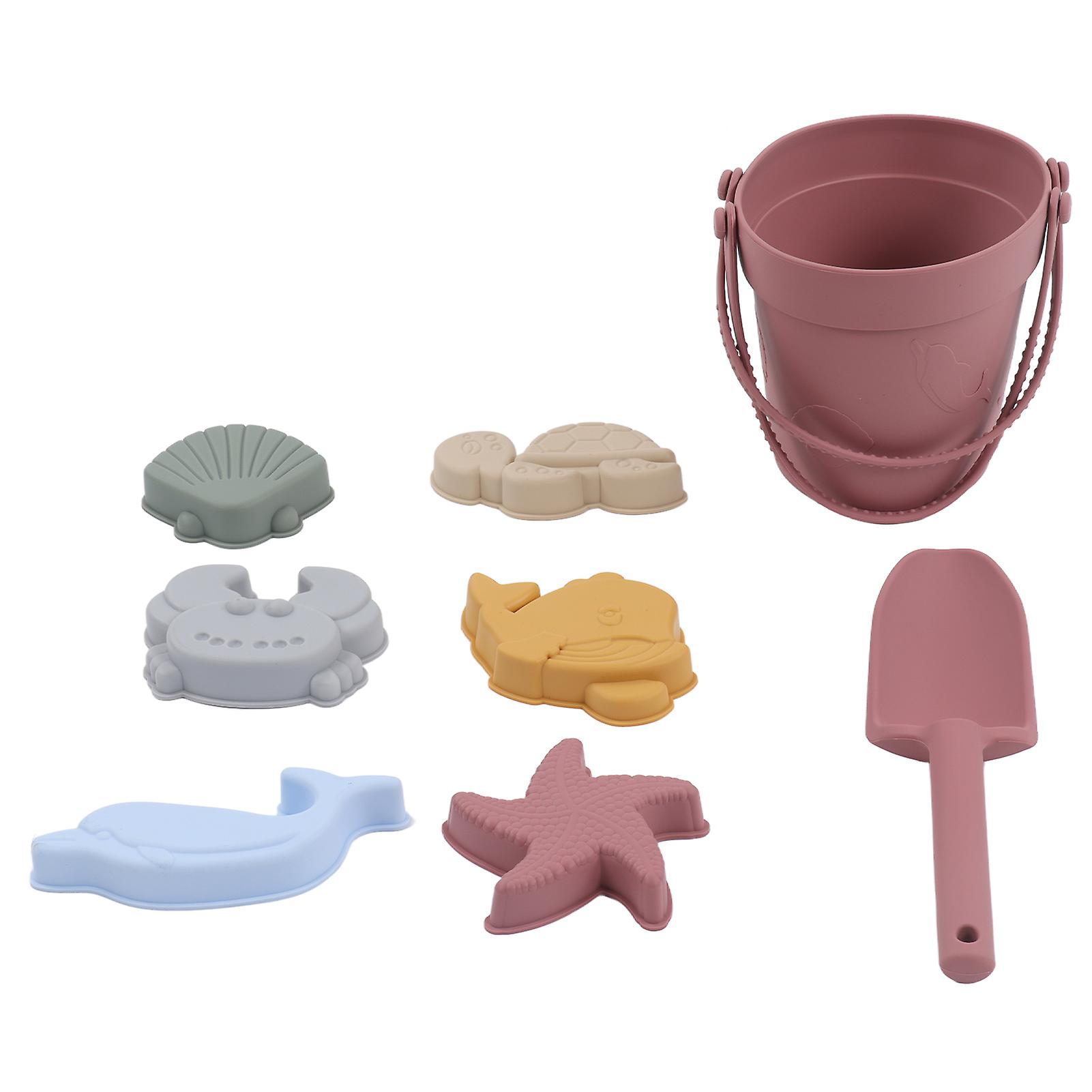 Silicone Beach Toys Baby Sand Play Toys Set Includes Silicone Bucket Animal Model Sand Shovel Stringbrick Red