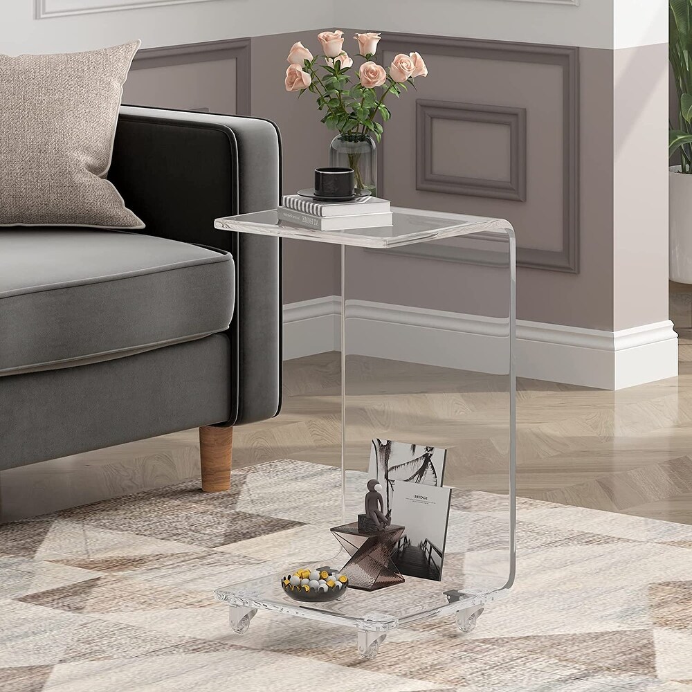 Mixoy C Shape End Table  Acrylic Side Table with Lockable Universal Wheels  Transparent Coffee Table for Storage