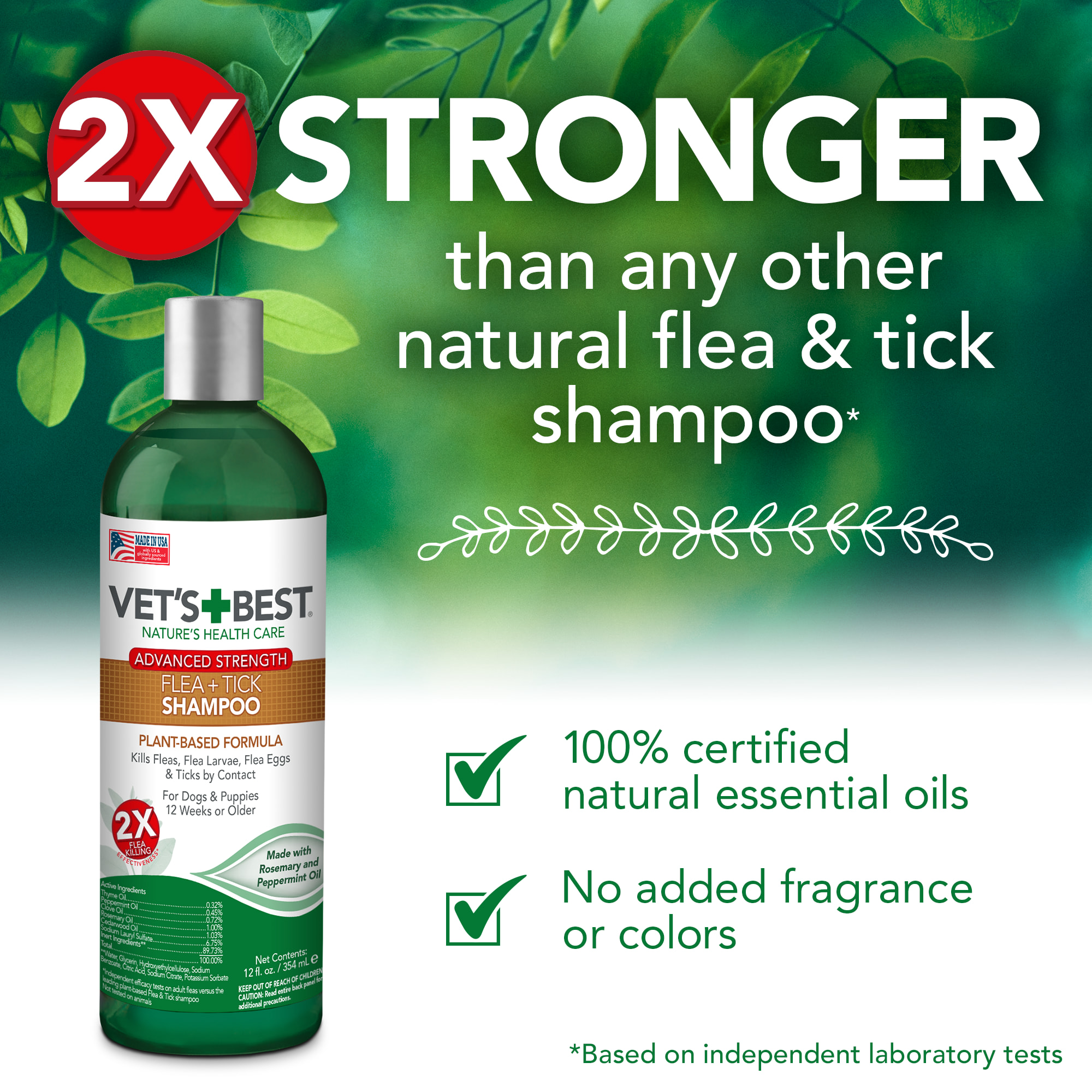 Vets Best Advanced Strength Flea + Tick Dog Shampoo， 12 fl. oz.