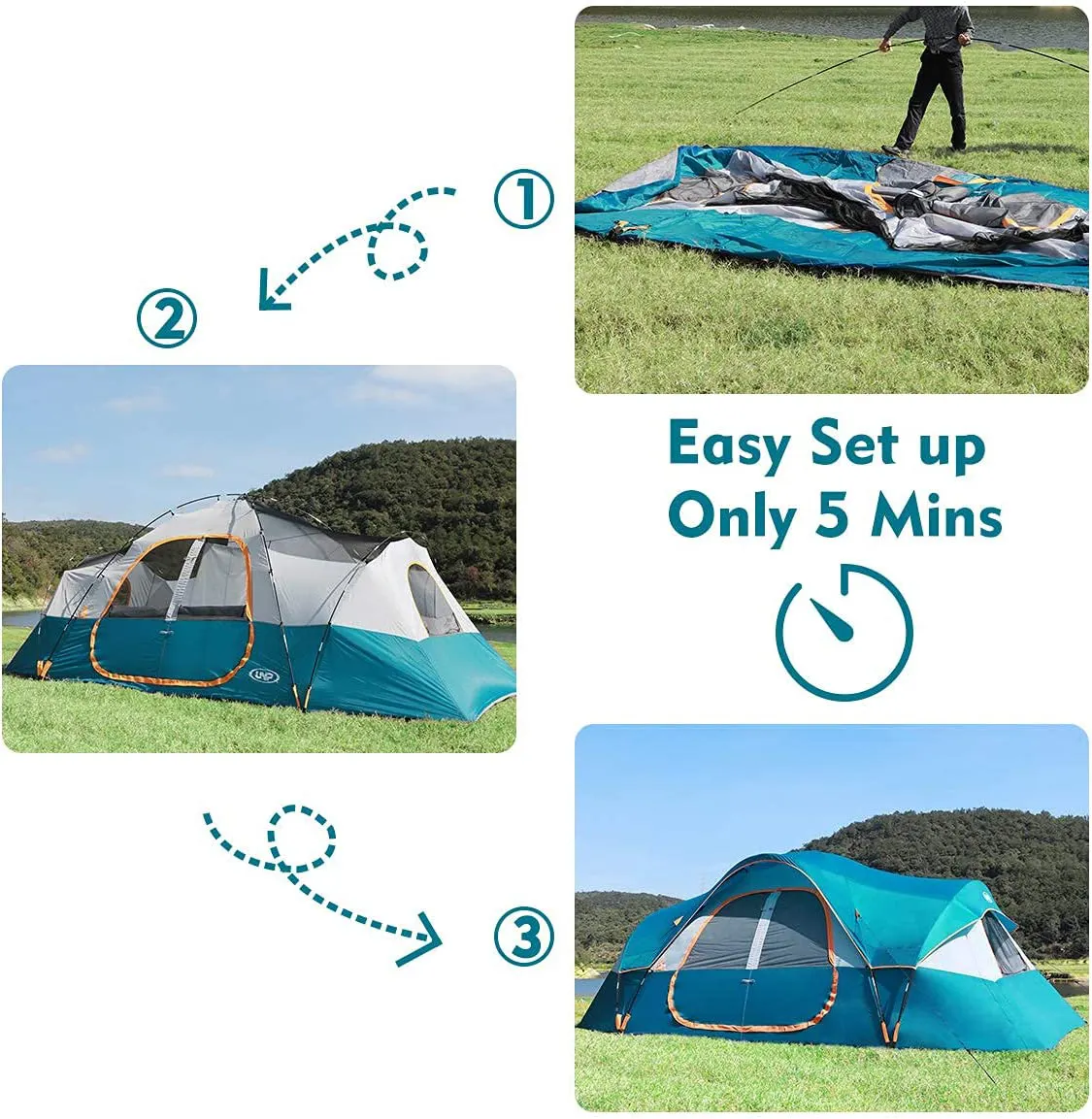 WOQI Waterproof Large Instant Set Up 3 Room 10 Person Family Double Layer Outdoor Camping Tent