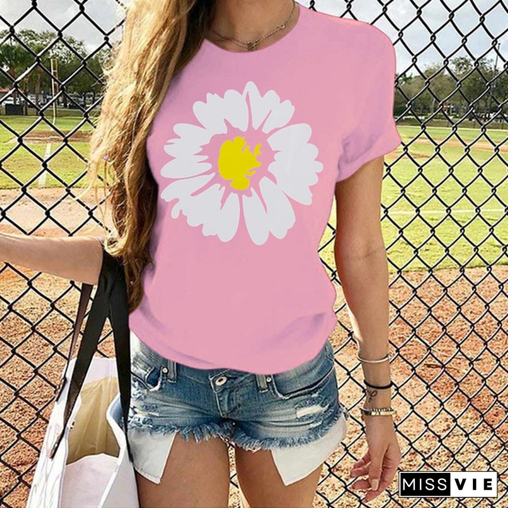 Funny Daisy Printed T-shirts For Women Summer Short Sleeve Round Neck Cute Loose T-shirt Creative Personalized Tops