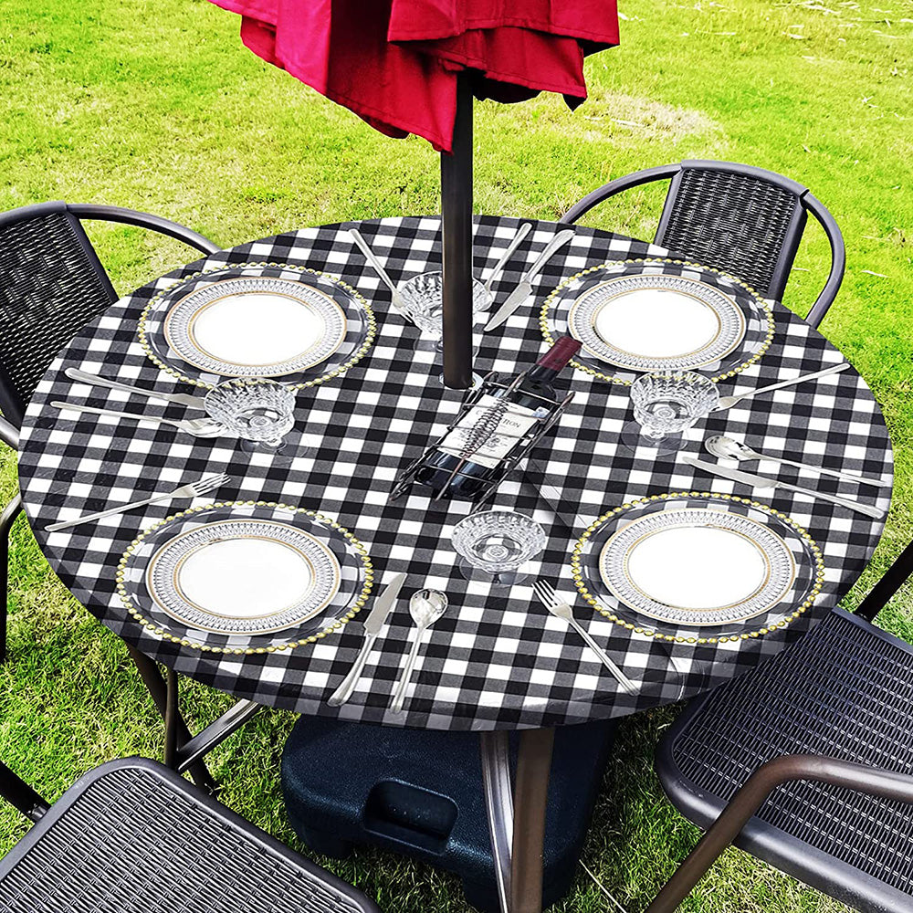 Vinyl Round Fitted Tablecloth With Umbrella Hole Table Cover With Flannel Backing Oil&Waterproof Wipeable Vibrant Colors Elastic Edge Table Cover - Black & White Grid 45-56"