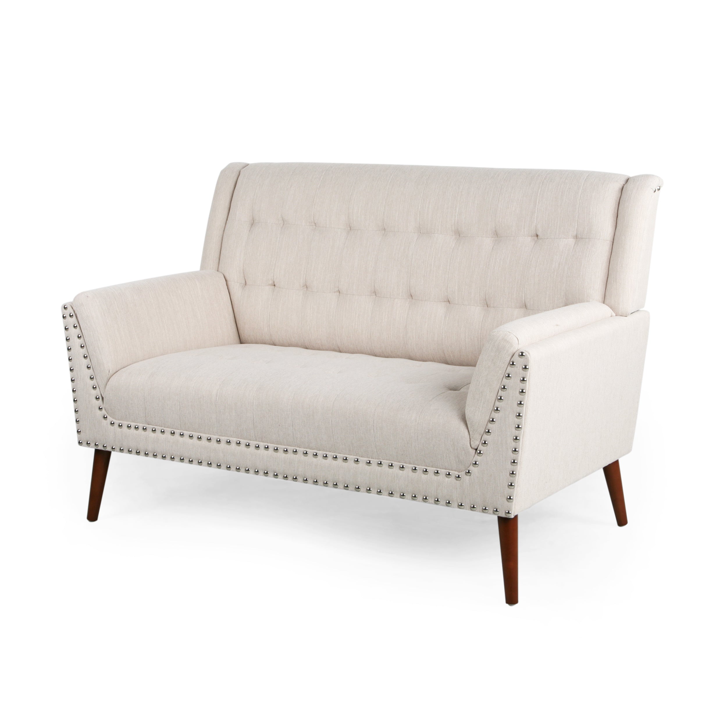 Marla Mid-Century Modern High Back Fabric Settee with Nailhead Trim