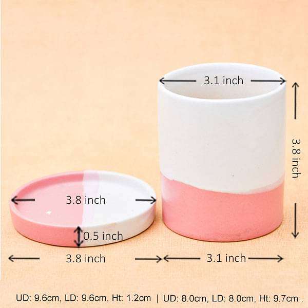 3.1 inch (8 cm) CP047 Cylindrical Ceramic Pot with Plate (White, Light Peach) (set of 2)