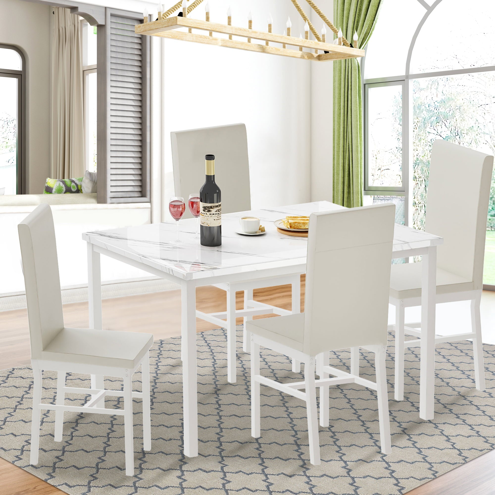 paproos Dining Table Set for 4, Modern 5-Piece Kitchen Table Set with Marble Top and Faux Leather Upholstery Chairs, Heavy Duty Dinette Sets for Breakfast Nook, Dining Room Table and Chairs, White