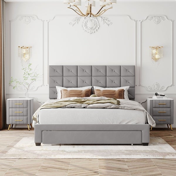 3-Pieces Bedroom Sets， Queen Size Upholstered Platform Bed with Two Wireless Chargers and Storage Drawer， Two Nightstands - - 38053325