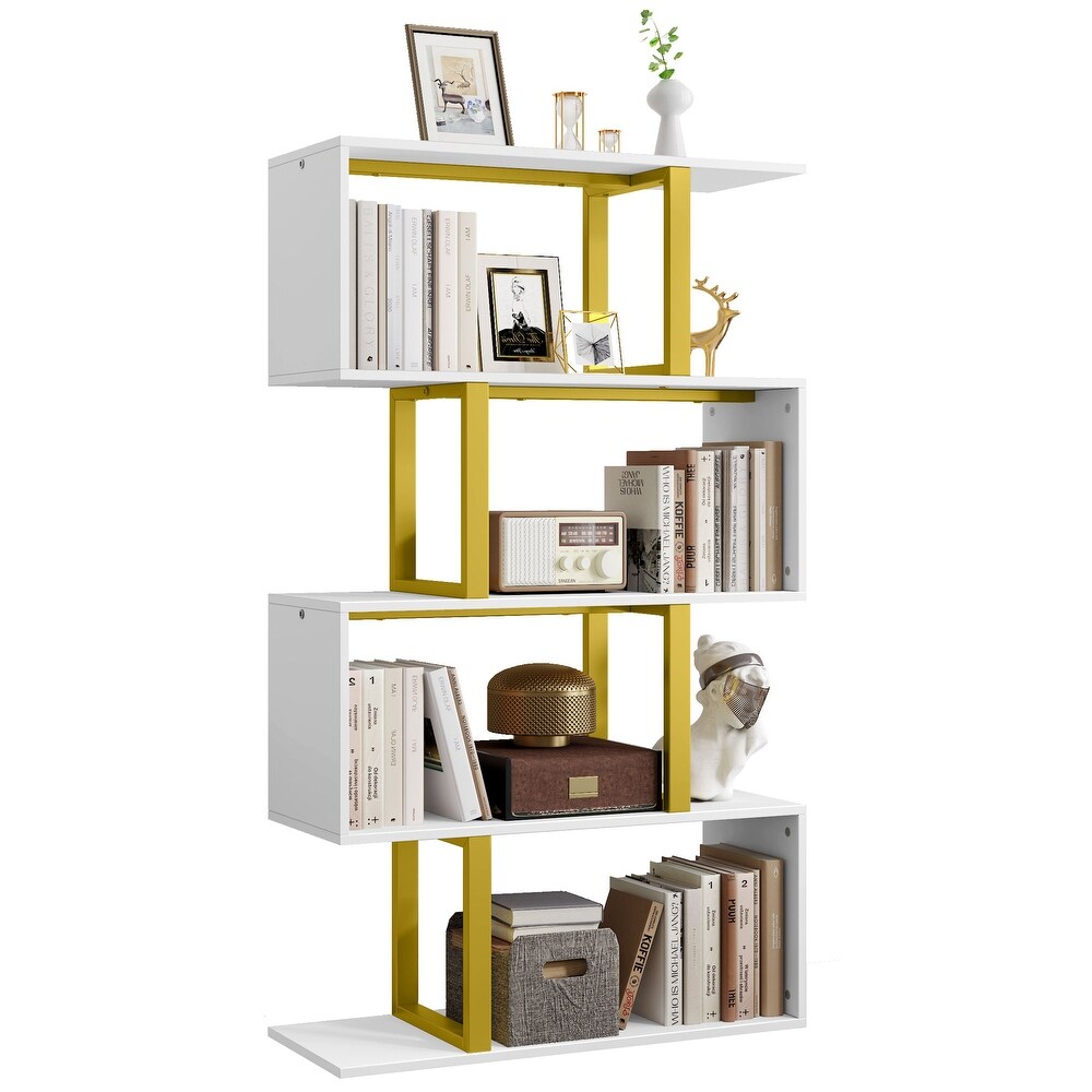 Hermoth Wood 5 Tier Bookshelf S Shaped Z Shelf Bookshelves and Bookcase Gold White