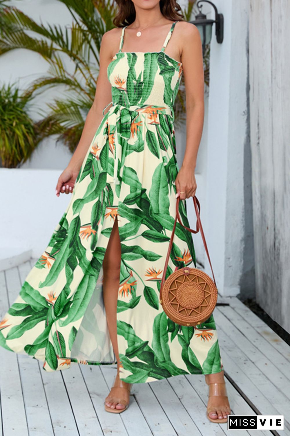 Tropical Print Smocked Top Spagetti Strap Maxi Dress