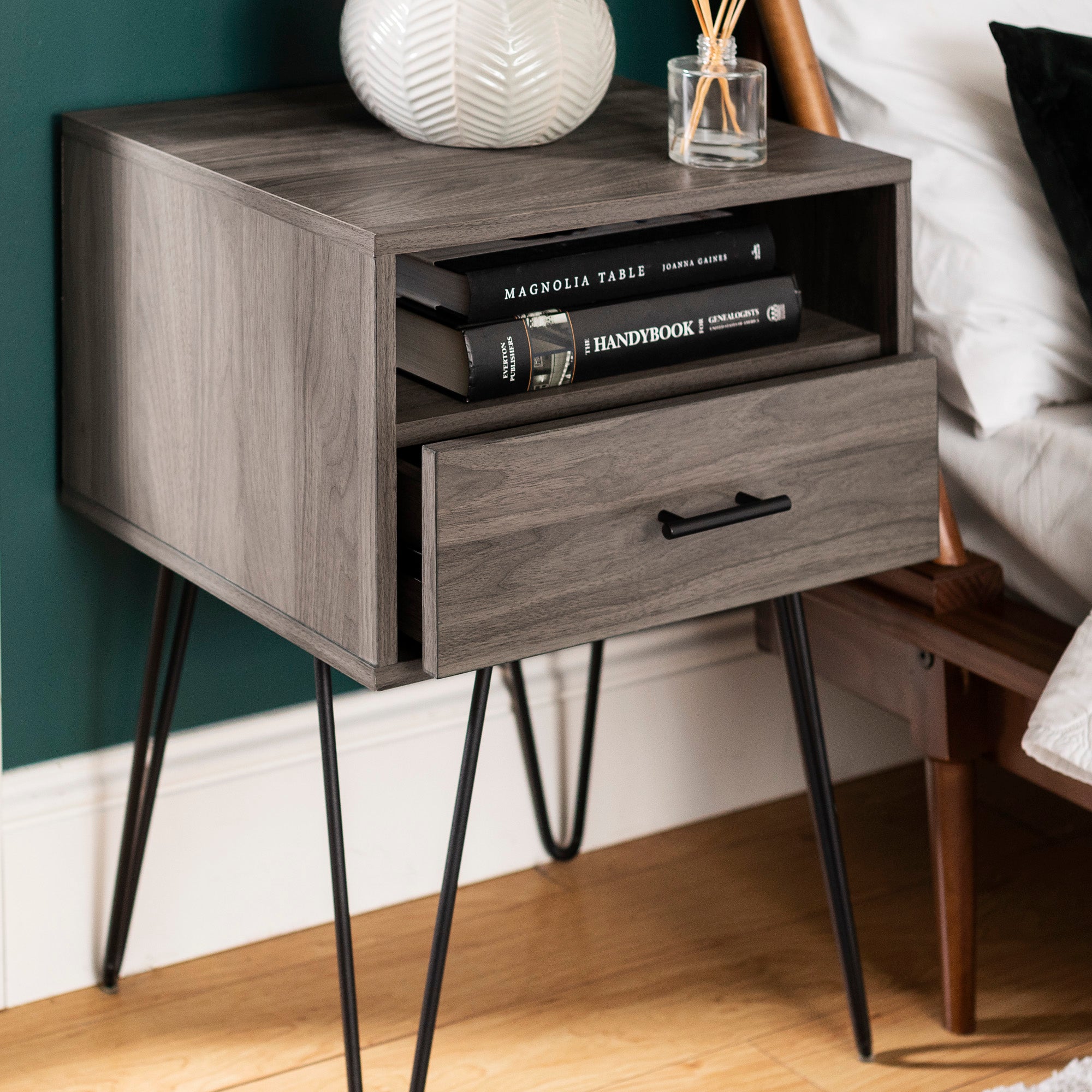 Manor Park Mid Century Modern Hairpin Leg Nightstand, Slate Grey