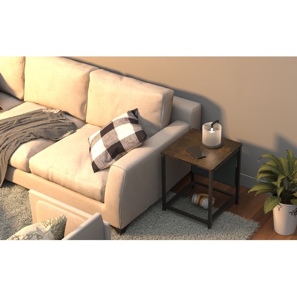 Side Table with Storage Bag， Square End Table with Grid storage rack， Sofa Table for Living Room， Bedroom， Rustic Brown