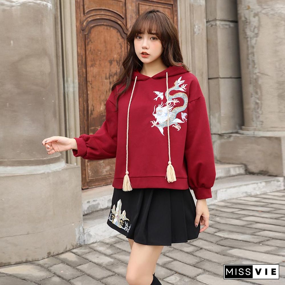 Vintage Dragon Embroidery Hoodie Skirt Set