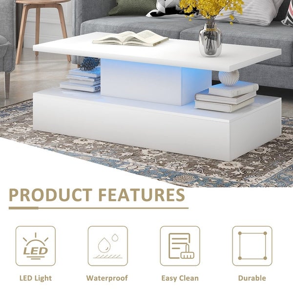 LED Coffee Table Rectangle White Modern Living Room Tables High Gloss Center Table - as picture