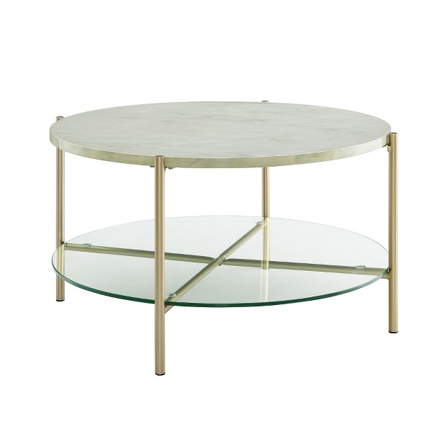 Modern Glam Faux Marble Round Coffee Table White gold Saracina Home