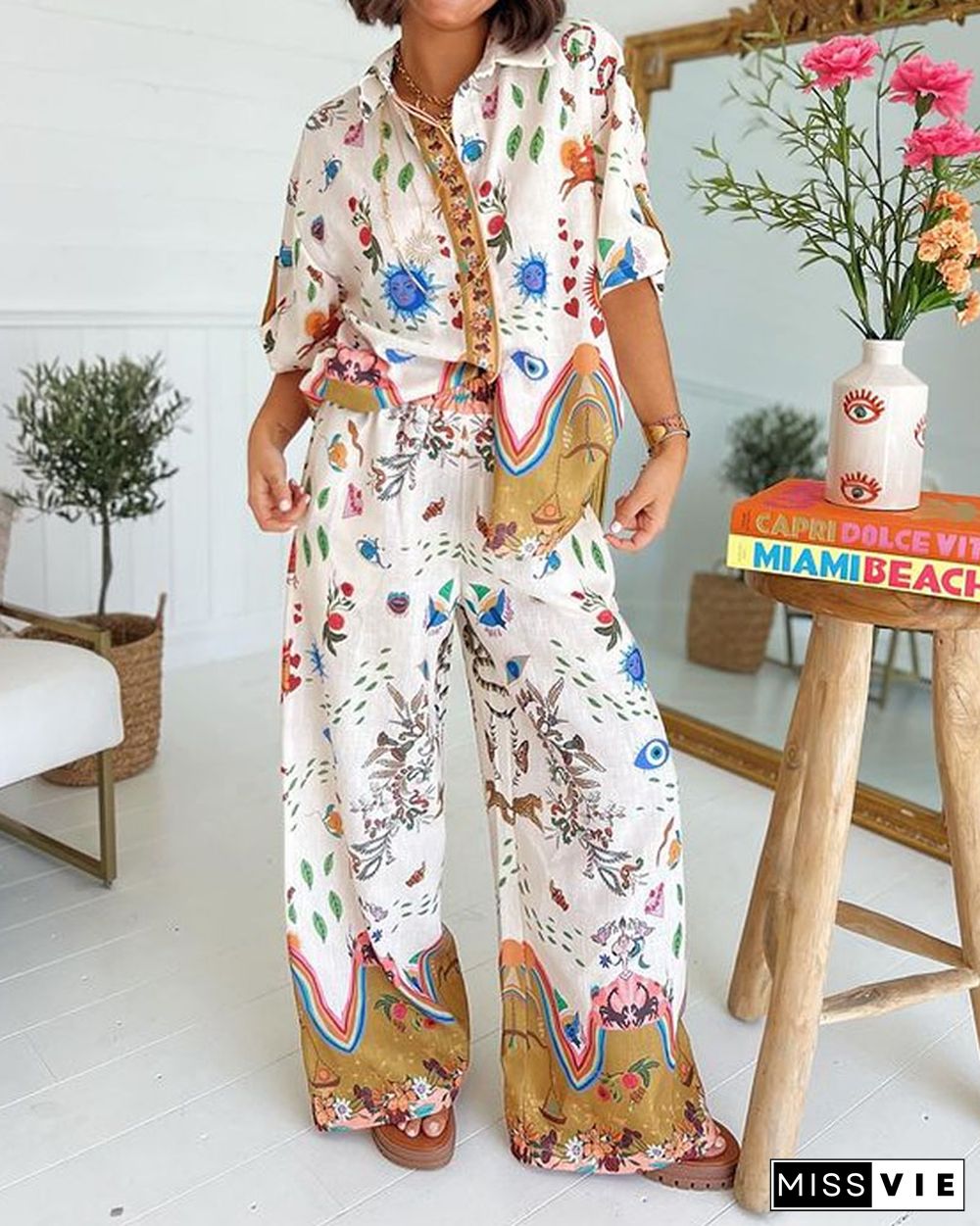 Fashion Printed Short Sleeve Shirt & Pants Two-piece Set