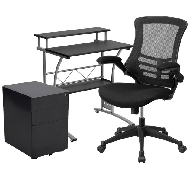 Flash Furniture Work From Home Kit Black Computer Desk Ergonomic Mesh Office Chair And Locking Mobile Filing Cabinet With Side Handles