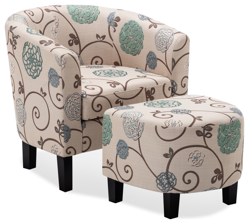 Accent Chair w/ Ottoman Round Arms Curved Back French Print Script   Contemporary   Armchairs And Accent Chairs   by OneBigOutlet  Houzz