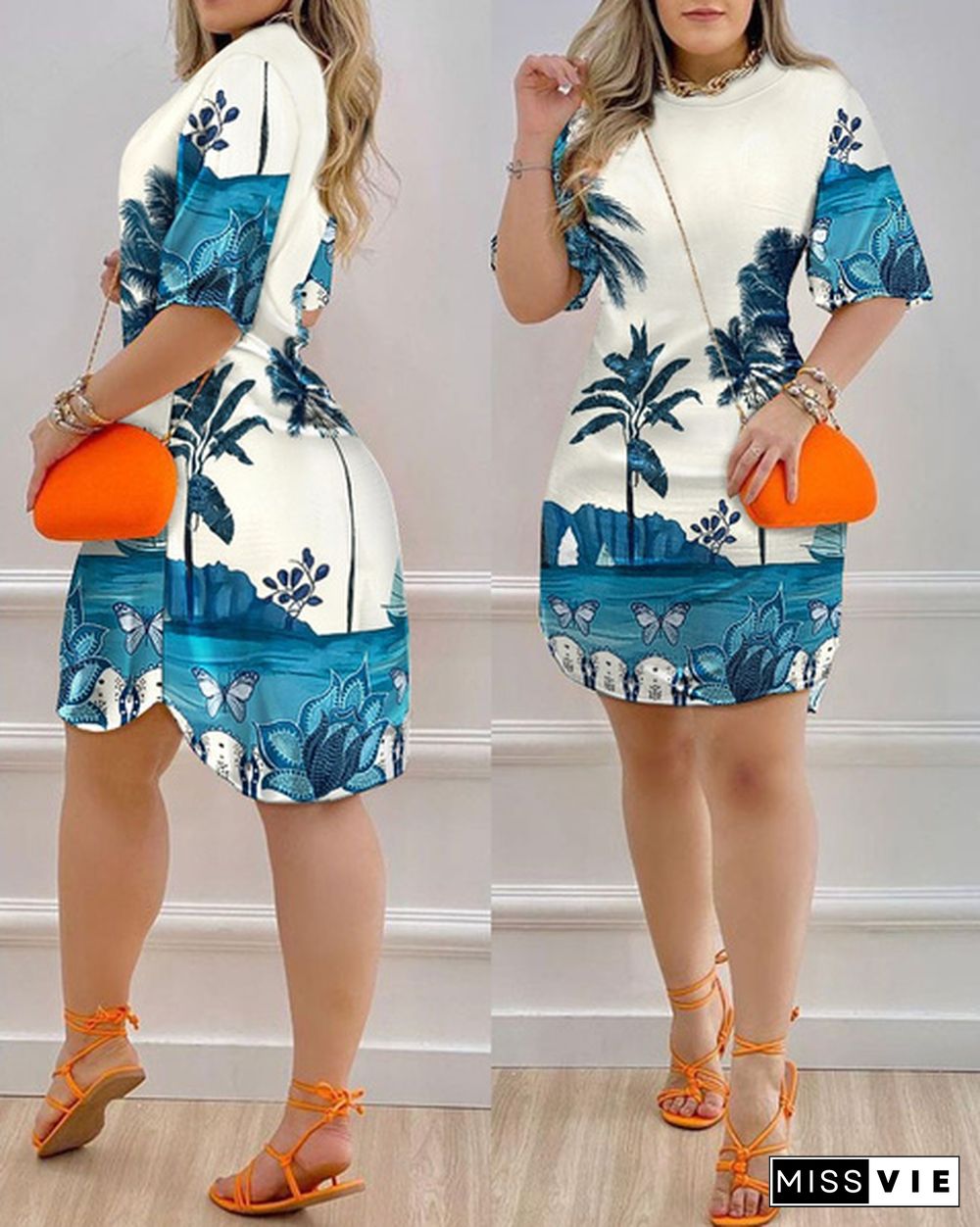 New Women Landscape Print Dress Summer Beach Party Elegant Street Dress Casual Striped Print Comfort Dress