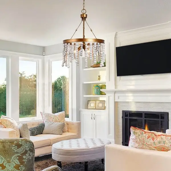 Mid-century Modern 3-light Wood Beads Chandelier Distressed Gold Dimmable Lights - D17