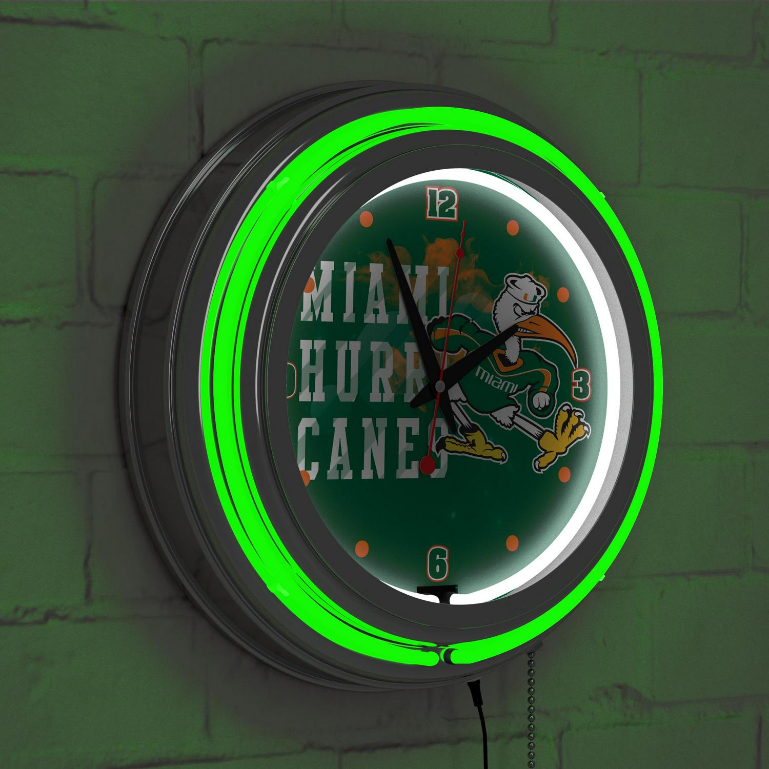 University of Miami Chrome Double Rung Neon Clock  Smoke