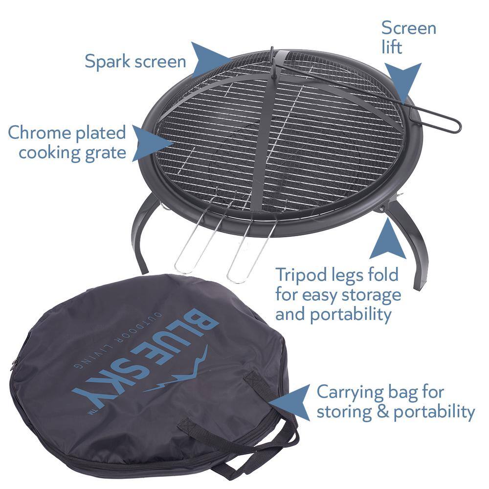 BLUE SKY OUTDOOR LIVING 21.25 in. Round Steel Portable Wood Fire Pit with Folding Legs Carry Bag Screen Screen Lift Log Grate Cooking Grid WBPFP22