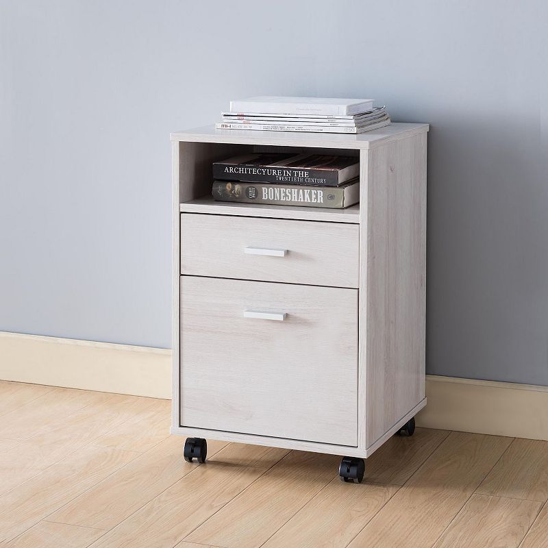 FC Design White Oak 4 Wheel File Cabinet with 2 Drawers and Open Shelf with Storage and Display Space