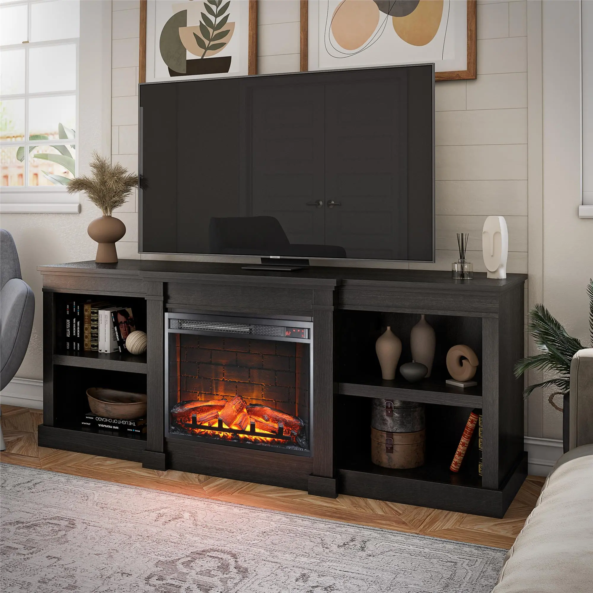 Baileywick Black 75 TV Stand with Electric Fireplace