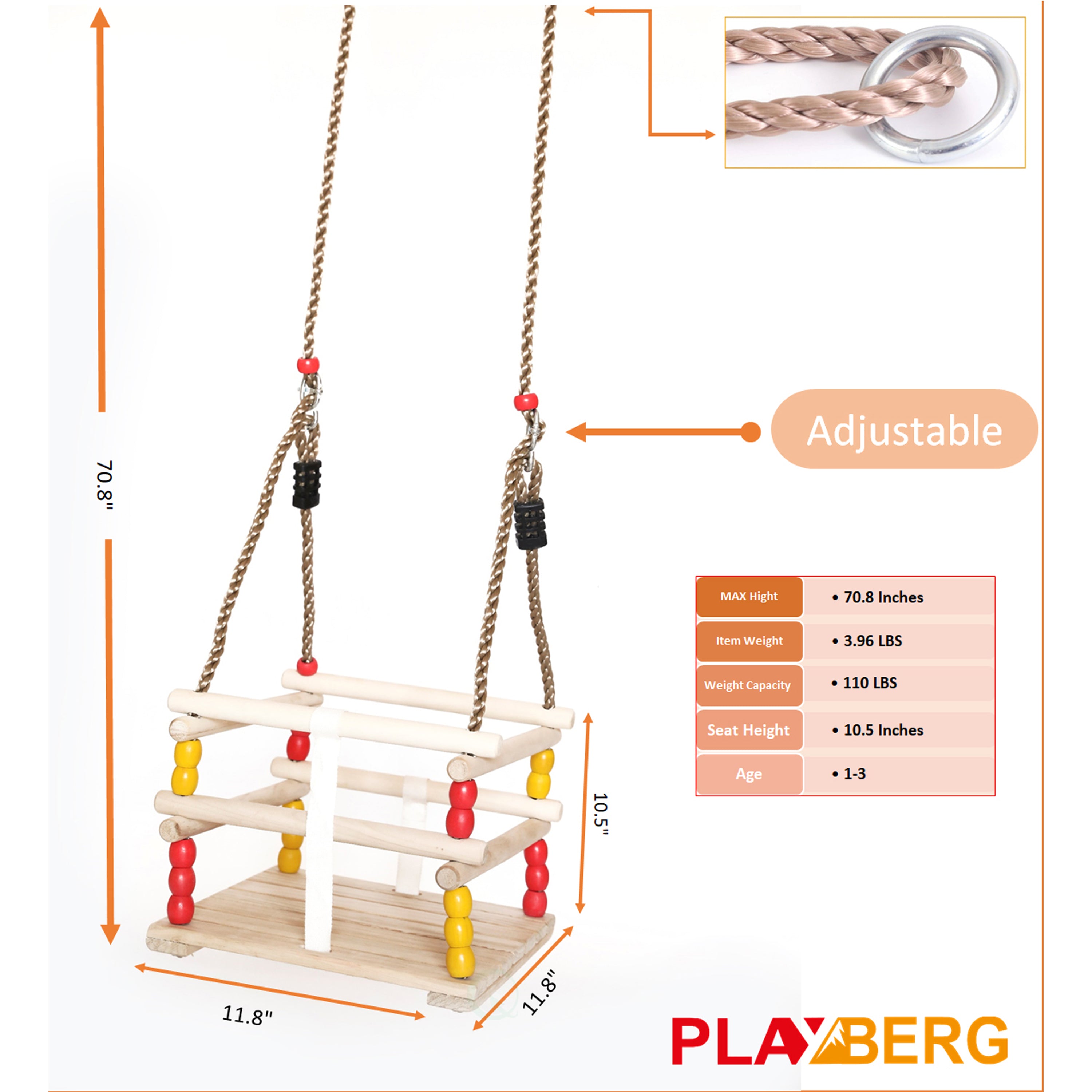 Wooden Baby Swing with Hanging Ropes， for Babies and Toddlers