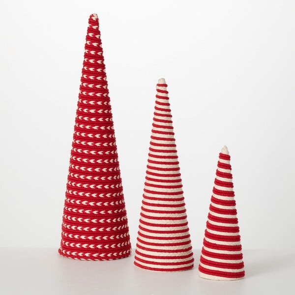 24.5H，18.5H and 12.5H Sullivans Christmas Red White Tabletop Cone Tree Set of 3，RedWhite