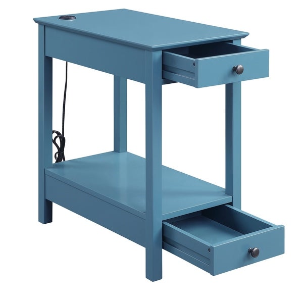 Wooden Frame Side Table with 2 Drawers and 1 Bottom Shelf， Teal Blue