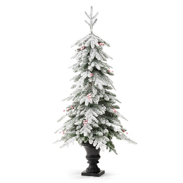 Glitzhome 4FT/5FT PreLit Flocked Fir Artificial Christmas Potted Porch Trees